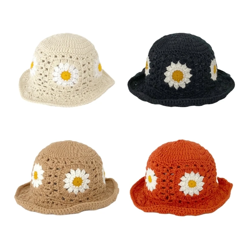 Hat Crochet Flower Bucket for Woman Breathable Multi-color Weaving Wide Brim Bucket Hat Adult Teens Summer Fisherman Cap smile
