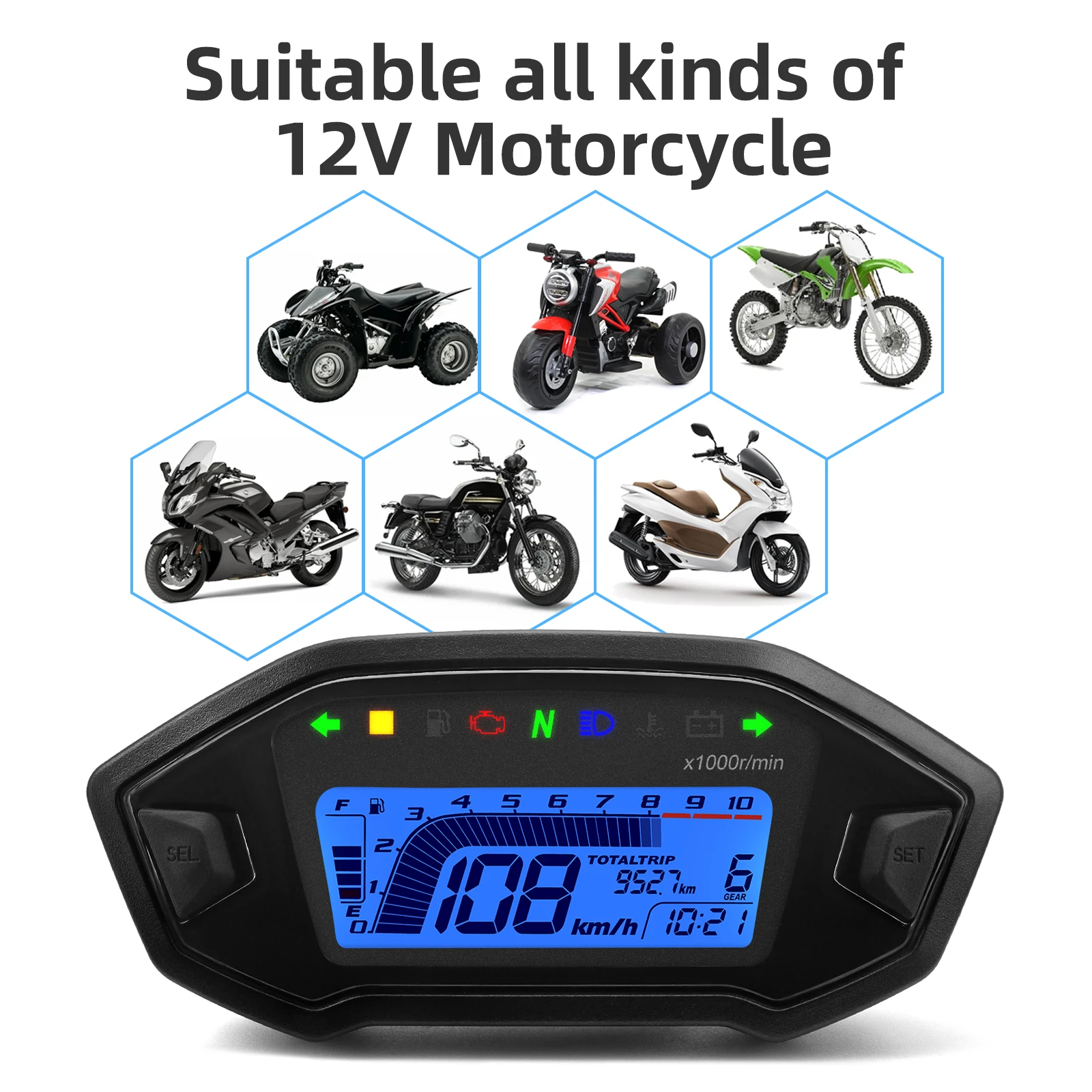 A New Universal Motorcycle LED Adjustable Speedometer 10000RPM 7 Colors Backlight Digital Odemeter Tachometer For 1,2,4 Cylinder