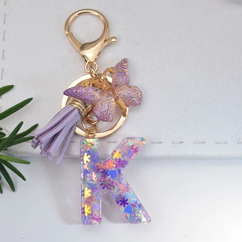 fa ba Letter Butterfly Sequin A Z Shiny Keychain Resin Couple Initial Purple Stars Filled Pendant Keyrings Bag Car Key Charm Ornament