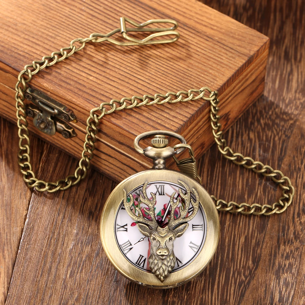 Hunter Elk Head Half Roman Numerals Bronze Men's Quartz ddmysmile Pocket Watch Trendy Retro Women's Necklace Pendant Watches Antique Clock S
