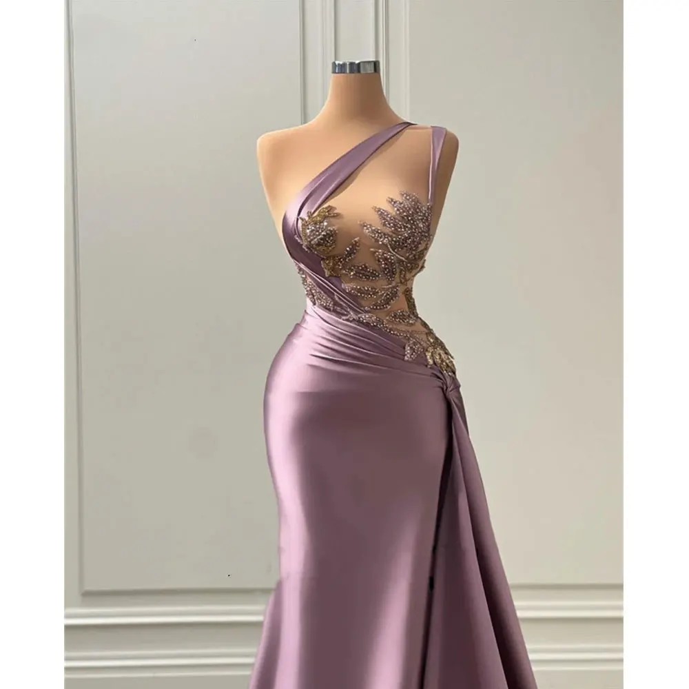 Purple One Shoulder 2025 Evening Dresses Women's Mermaid Chest Waist Seen Through Sexy Party new Gowns Beaded Pleats Satin Floor Skirts