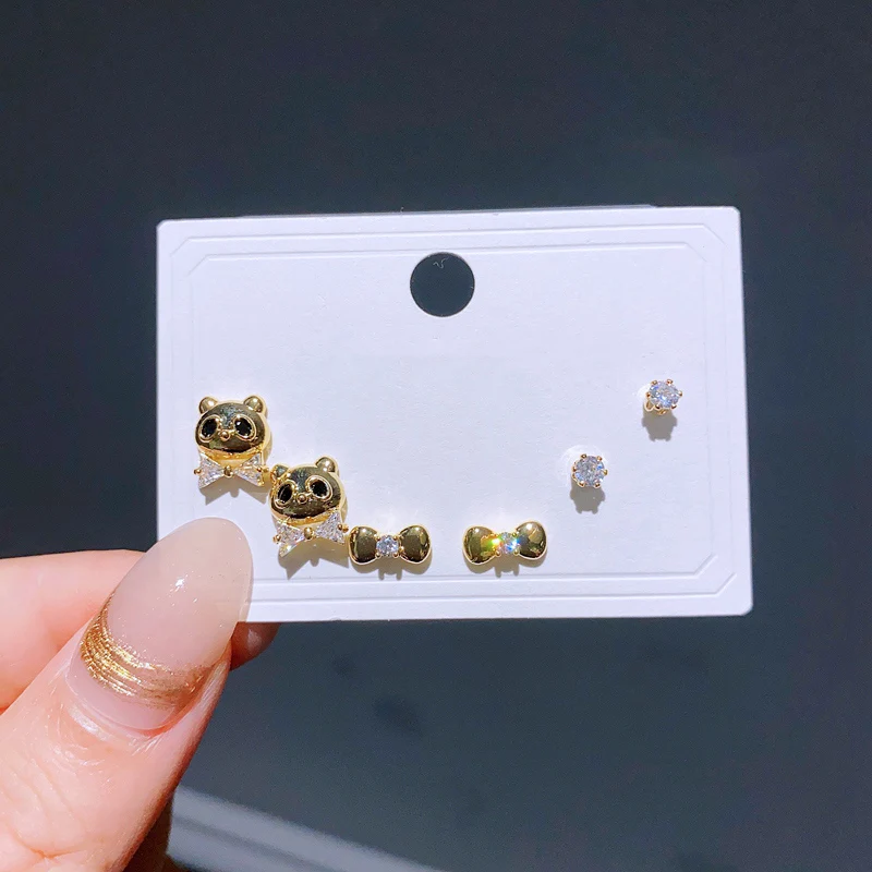 Pairs Trend Cubic 3 Zirconia Stud Earrings Set Gold Color Bowknot Heart Flower Women Party Jewelry smile