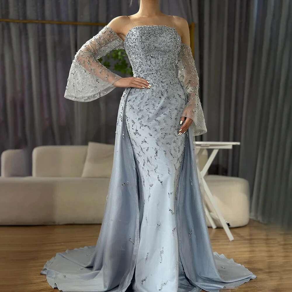 Customized Serene Hill Arabic Strapless Blue Beaded Pearls Dubai Evening Gown For Formal Ocn LA Mal