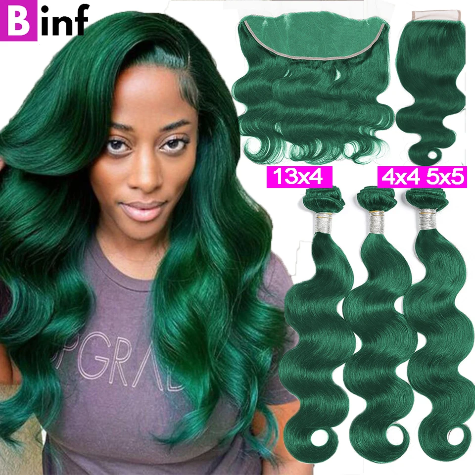 Colored Body Wave Green Bundles With Closure 5x5 13x4 HD Lace Closure Frontal with Bundles Remy 3/4 Bundles With Closure smile