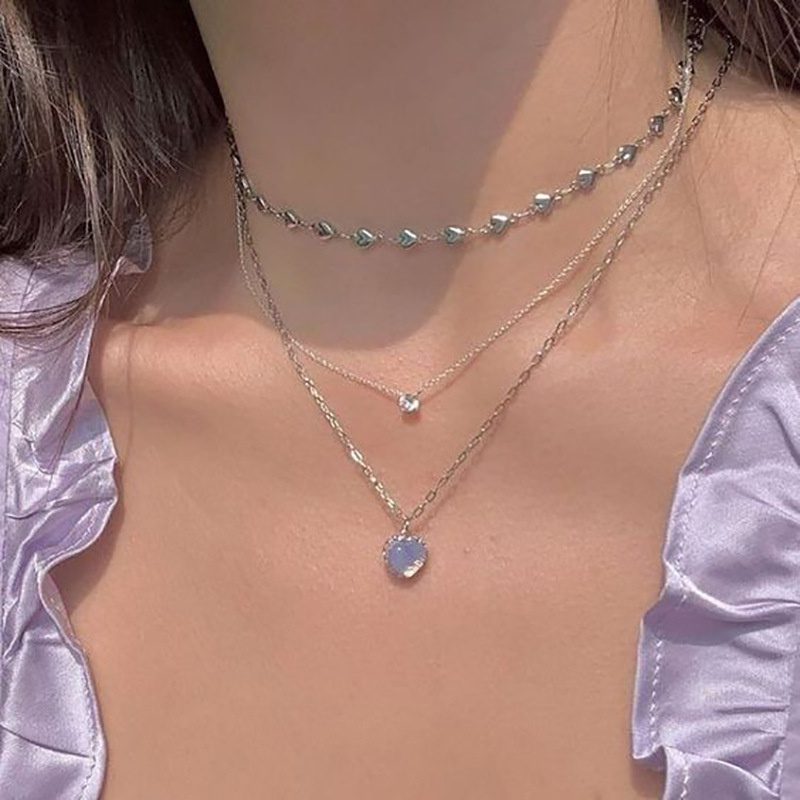 Heart Pendant Necklace Opal Metal 2025 Sier Color new Multi-layered for Women 2024 Trendy Cute Elegant Y2K Jewelry Party Gift