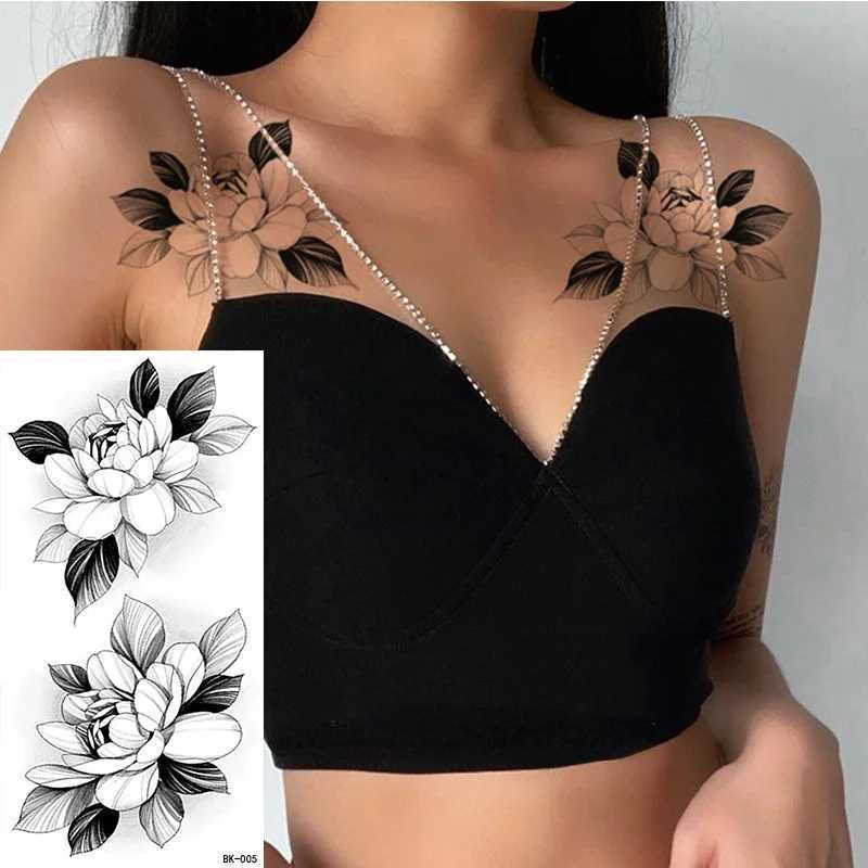 Large size black flower pattern fake tattoo sticker for women click rose peony temporary tattoo DIY water transfer tattoo for girls W250410
