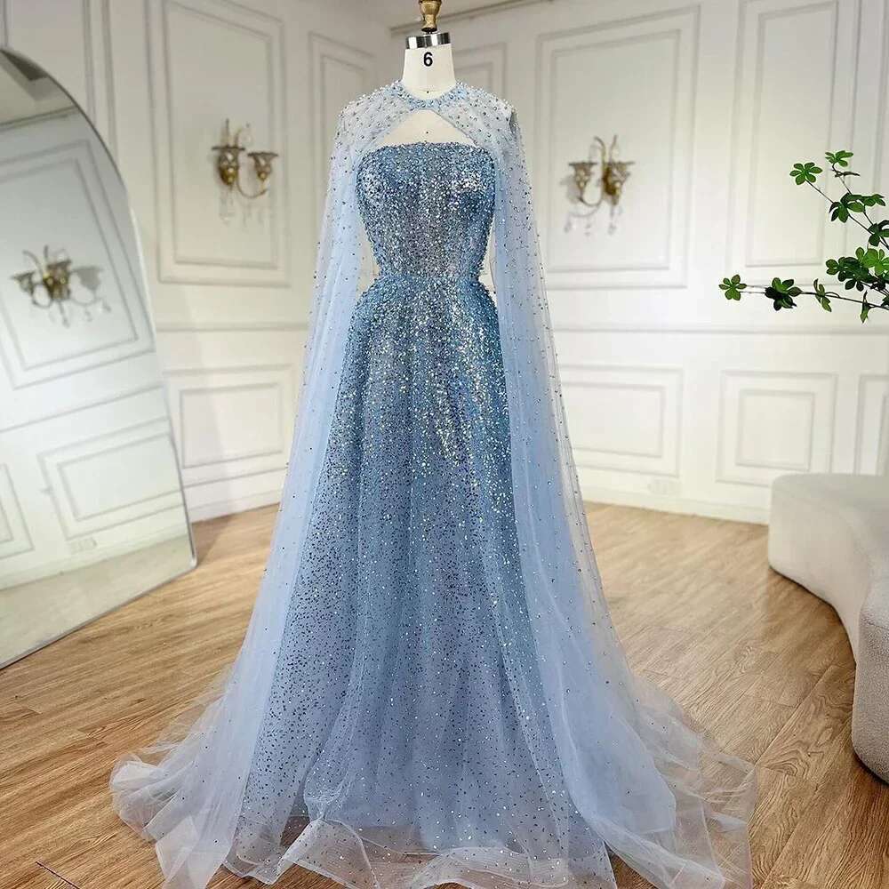 Customized Arabic Blue Saudi Evening Gown A E Elegant Cape Sleeves Beaded Dress For Formal Ocn LA legant mal L