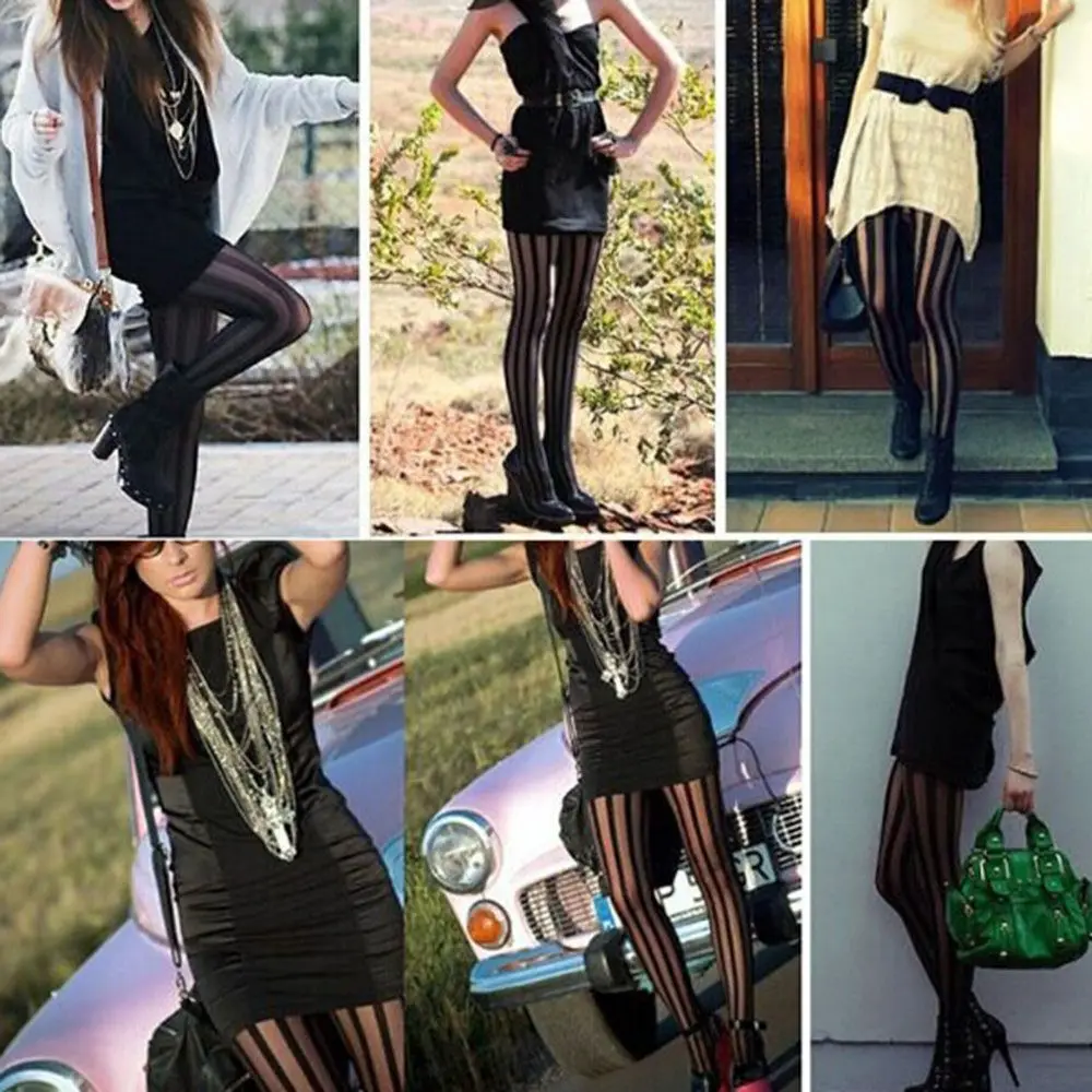 Sheer Women Girl Punk Gothic Vertical Stripe Tights Pantyhose Black Stockings