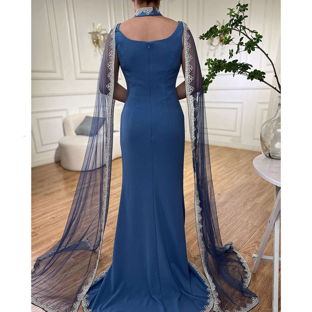 Blue Serene Hill Cape Evening Dresses Gowns Mermaid Beaded La72086 Customized