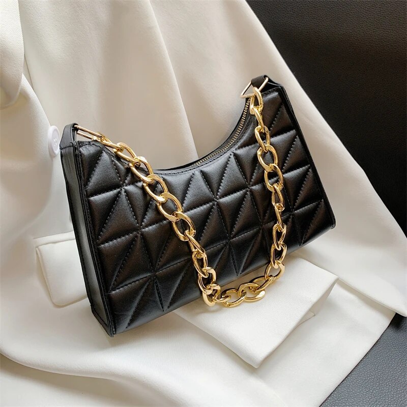 100% Polyurethane Solid Color Stitching Underarm Bag Chain One-shoulder WOMEN'S Bag