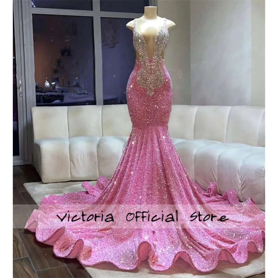 Blue Pretty Spaghetti Black Girl Prom Dress For Special Crystal Gillter Mermaid Birthday Reception Gown Robe De Bal