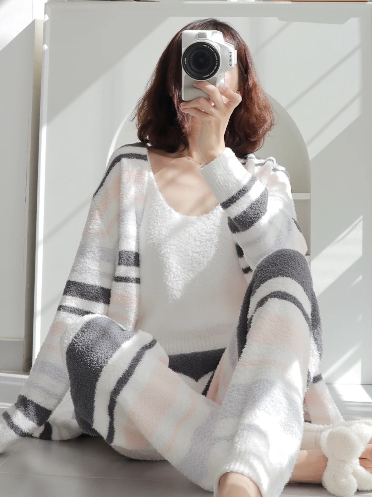 Hooded Pamas Thick Winter Flannel Pink ddmysmile Three-Piece Hooded Pamas Set Veet Nightwear Warm Kawaii Home Clothes Smile