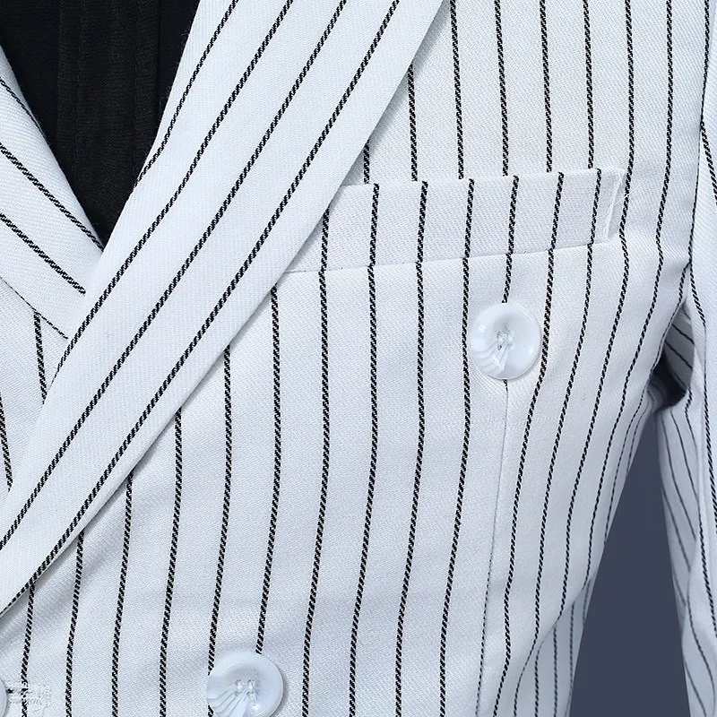 Men's White and Black Stripe Groom Dresses Performing Suits Double Breasted Smart Casual Men Suit Slim Fit White Regular Blazers