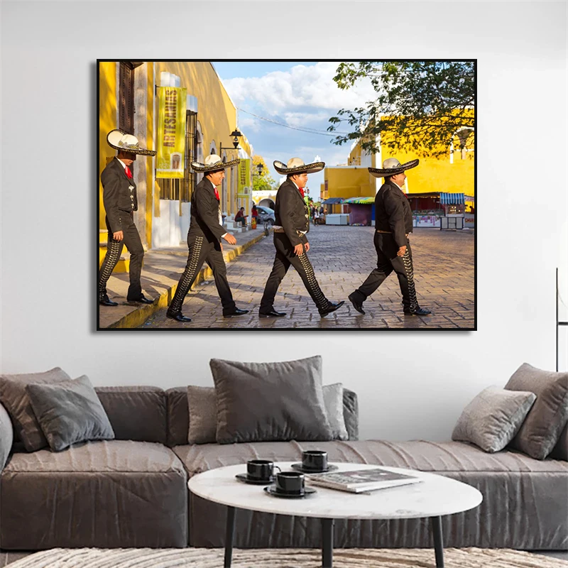 Woman Flower Mexican with Man Play Guitar Playing Saxophone Poster Cute Cat Canvas Painting for Living Room Home Decor Cuadros smile