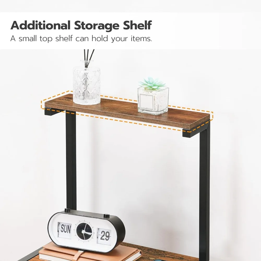 Nightstand with Charging Station,Bedside Table Fabric Drawers,End Table Open Storage Shelves,Night Stand Rustic Brown and Black