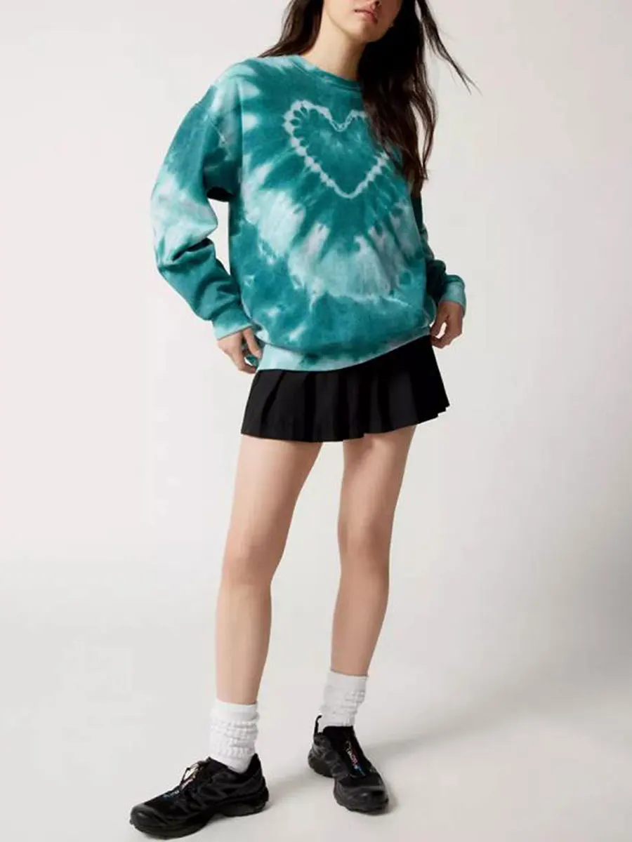 Heart Tie Dye Print Sweatshirts for Women Spring Autumn Loose Long Sleeve Crewneck Pullovers Tops Y2K Grunge Hoodie Streetwear