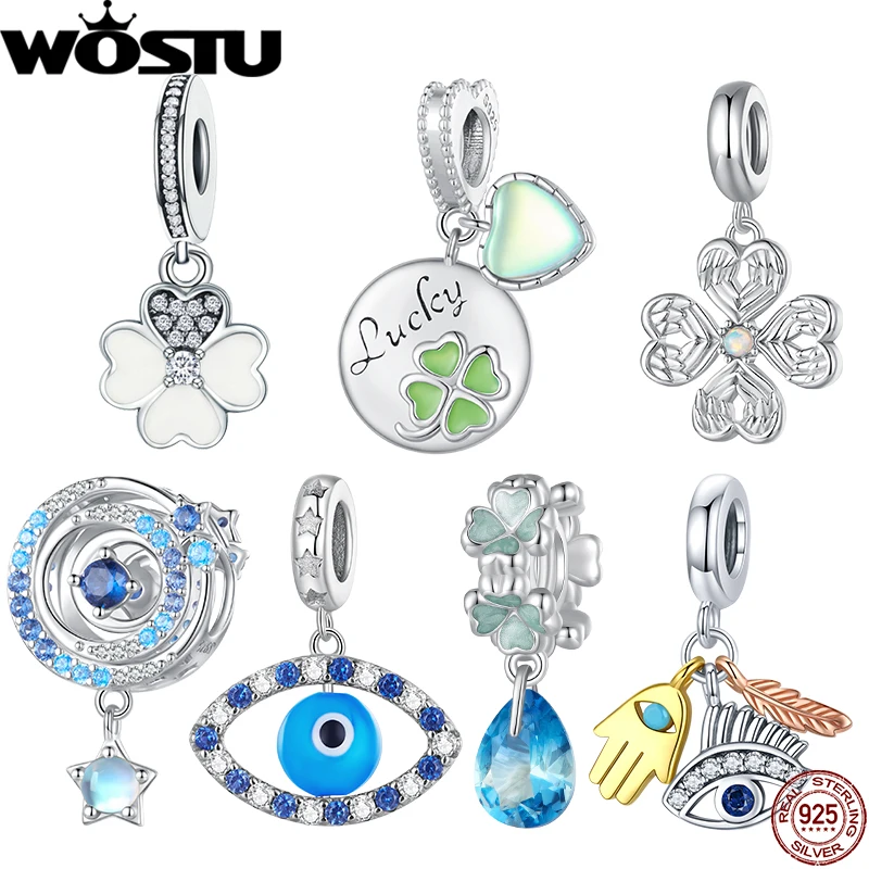 WOSTU 925 Sterling Silver Lucky Clover Grass Pendant Devil's Eye Hanging Bead Fit Original Bracelet Women DIY Fine Jewelry Gift