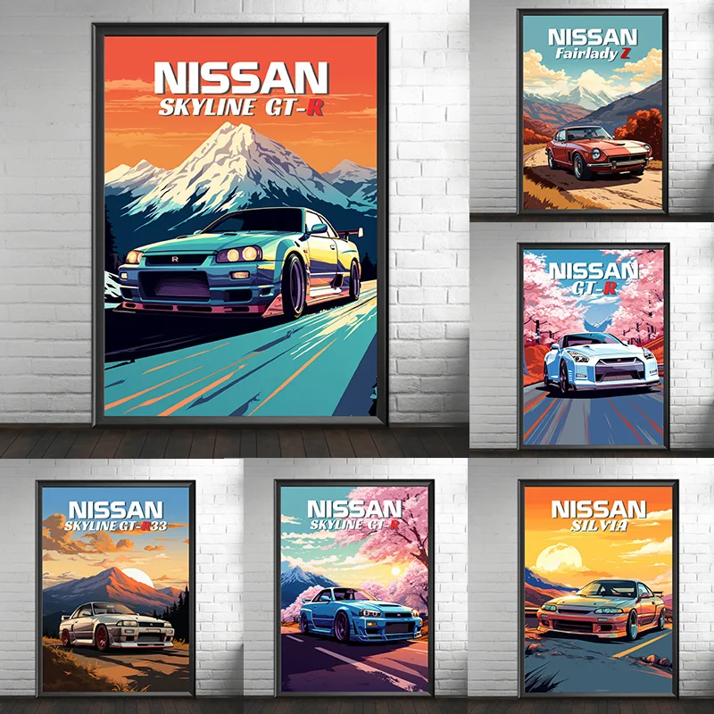 Japanese Car 1990s Classic Car Nissan Skyline GT-R R34 Retro Poster Canvas Painting Wall Art Pictures Home Interior Decor