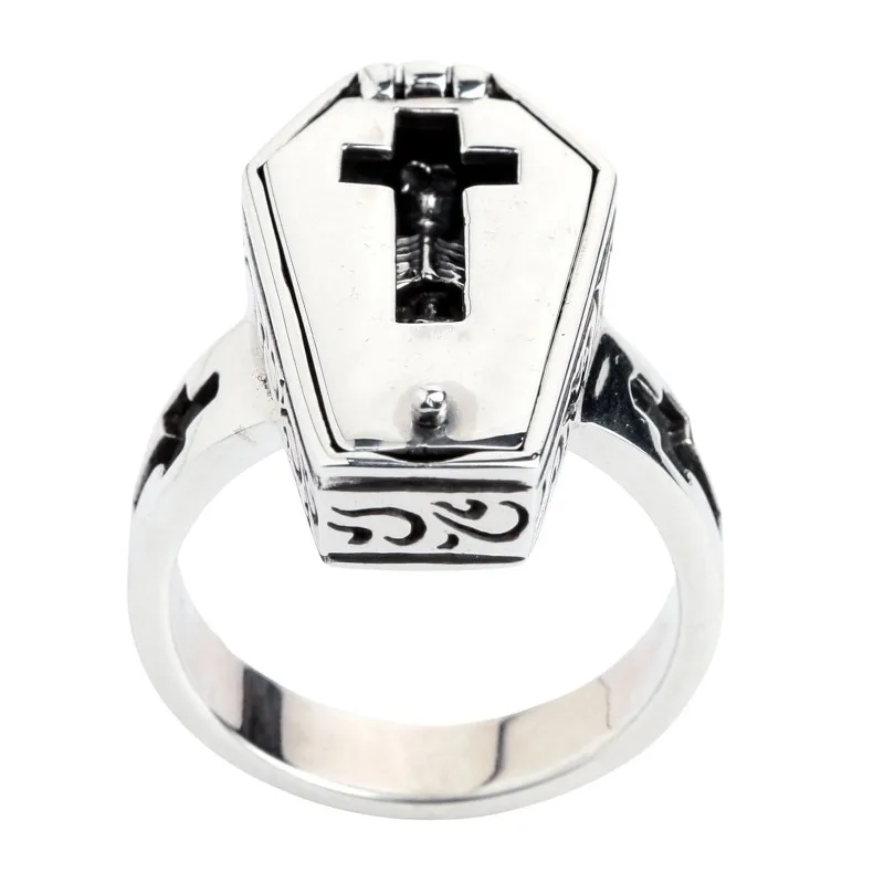 2023 New Halloween Retro Punk Flip Pattern Skull Coffin Neutral Simple Ring Creative Jewelry Party Gift
