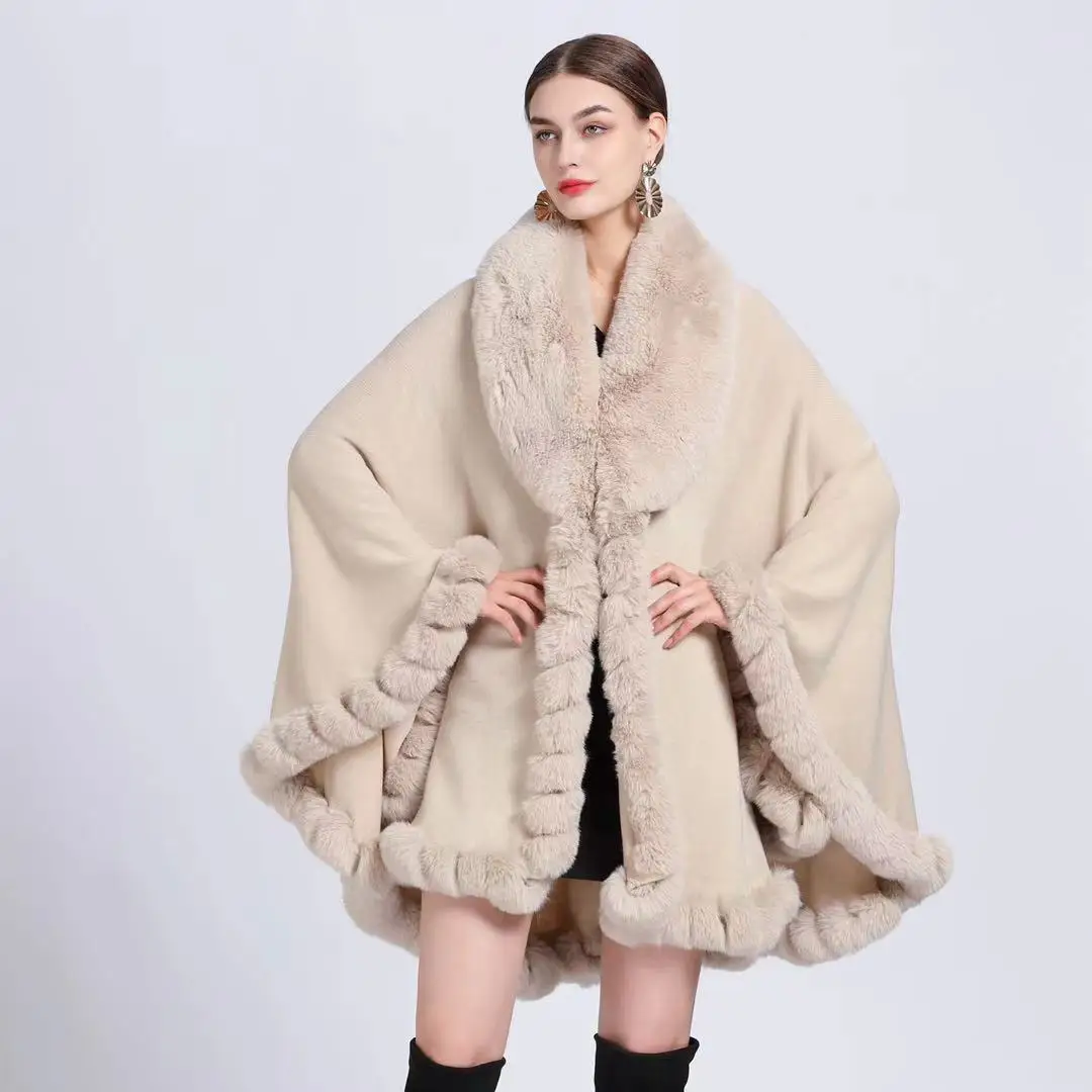Faux Elegant V Lapel Rex Rabbit Fur Coat Cape Winter Women Big ddmysmile Long Shawl Full Trim Fur Knit Cloak Overcoat Long Faux Fur Coat Smile