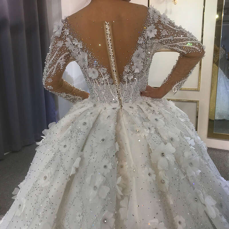 Long Sleeve Wedding Dress with Cathedral Train, Appliques, Beading and Crystals