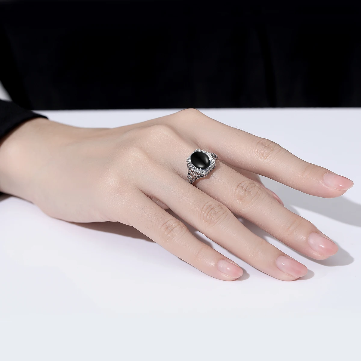 Szjinao Vintage Oval 8*12mm Black Onyx Ring For Women Silver 925 With Stone Large Cocktail Rings Delicate Gift For Wife Lovers'