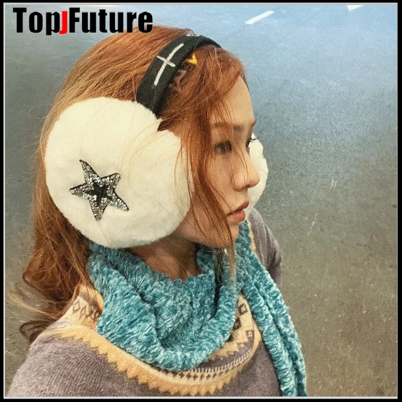 Punk Women Haruku Girl Plush Goth Warm Earmuffs Gothic Women's Lolita Star pentagram Muff Ear Cover Y2K Lovers Fur Headband smile 's