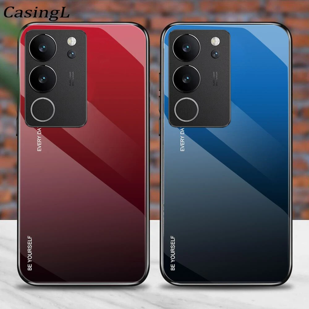 5G V29 For VIVO Case Gradient Rainbow Color Tempered Glass Hard Cover For vivo V29E V29 Pro Lite Shockproof Shell smile