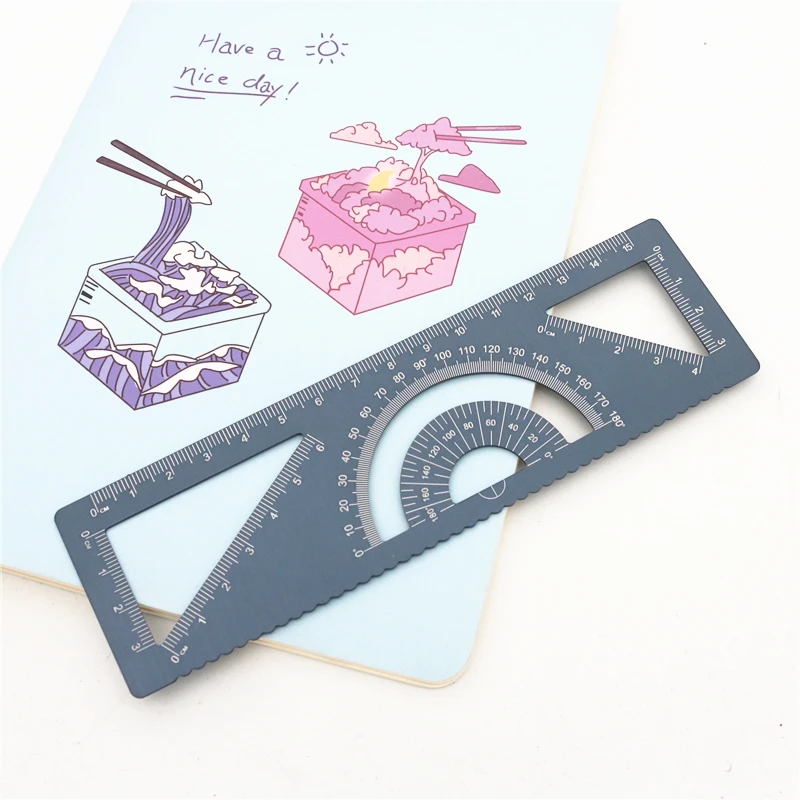 4-in-1 Multi straight functional ruler Aluminum alloy material Draw a triangle Wave lines Protractor smile