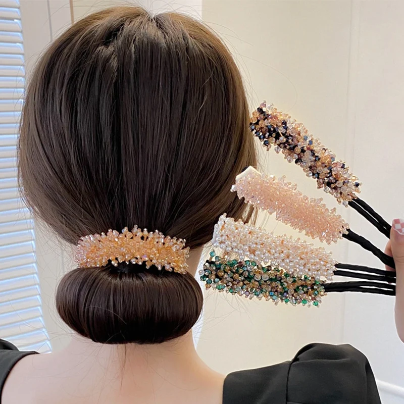 Rhinestone Women Elegant Crystal Bun Maker Maruko Hairstyle Making Long Tool Sweet ddmysmile Hair Braide Rope Hairbands Korean Accessories Smile