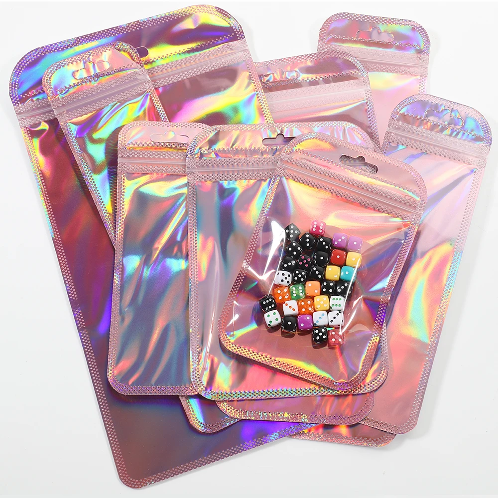 Iridescent Sealing 50pcs Self OPP Bags Laser Iridescent Zip lock Resealable Package Pouch Retail DIY Jewelry Storage Accessories smile
