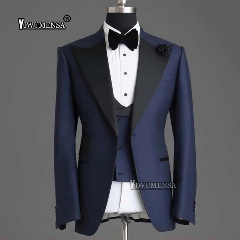 Navy Blue Suits Men For Wedding new Black 2025 Peaked Lapel Coat Regular 3 Pieces Groom Tuxedo Tailor-Made Blazer Vest Pants Male Dress