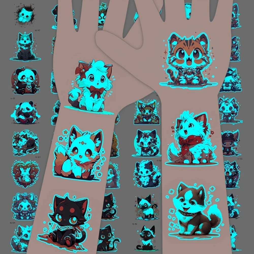 25 blue glowing tattoo stickers cartoon cute cats dogs pandas foxes pets temporary tattoos watercolor fake tattoos W241109