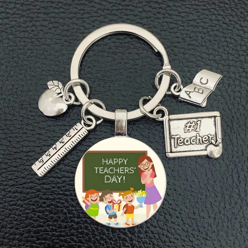 New teachers day gift keychain jewelry thank you teacher cute pattern pendant glass round charm bag keychain souvenir
