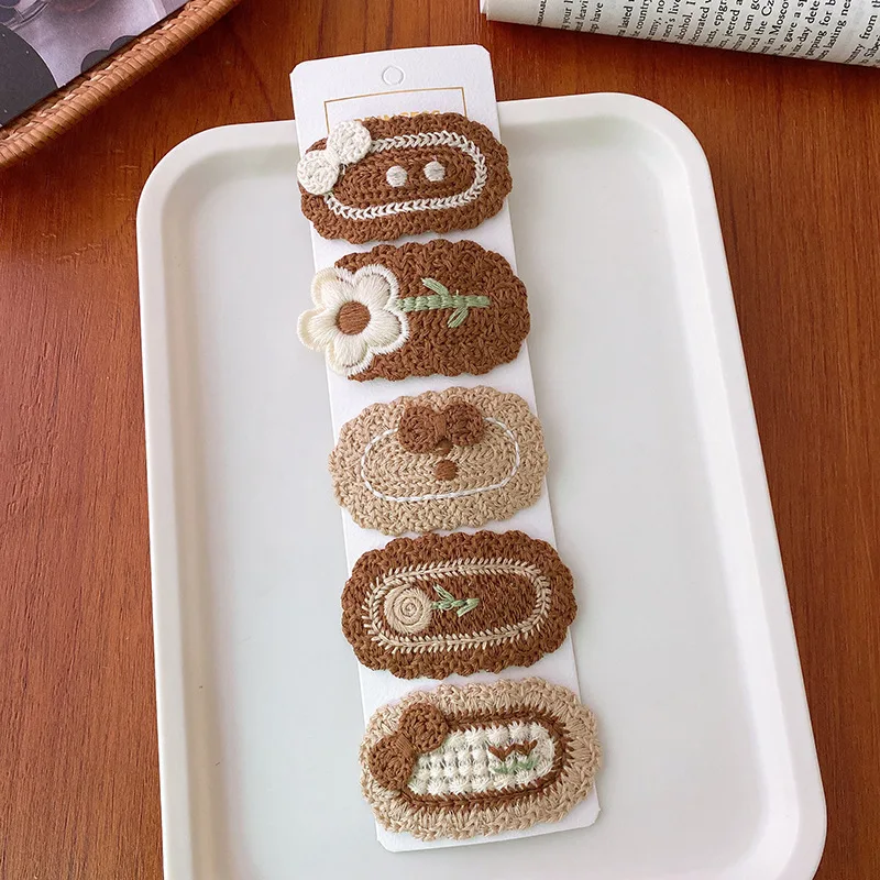 Versatile 5Pcs Knitted Models Wool Sweet Flowers Girl ddmysmile Heart Clip Cute Wrap Cloth Bangs Hair Clip Kids Baby Girl Hair Accessories Smile