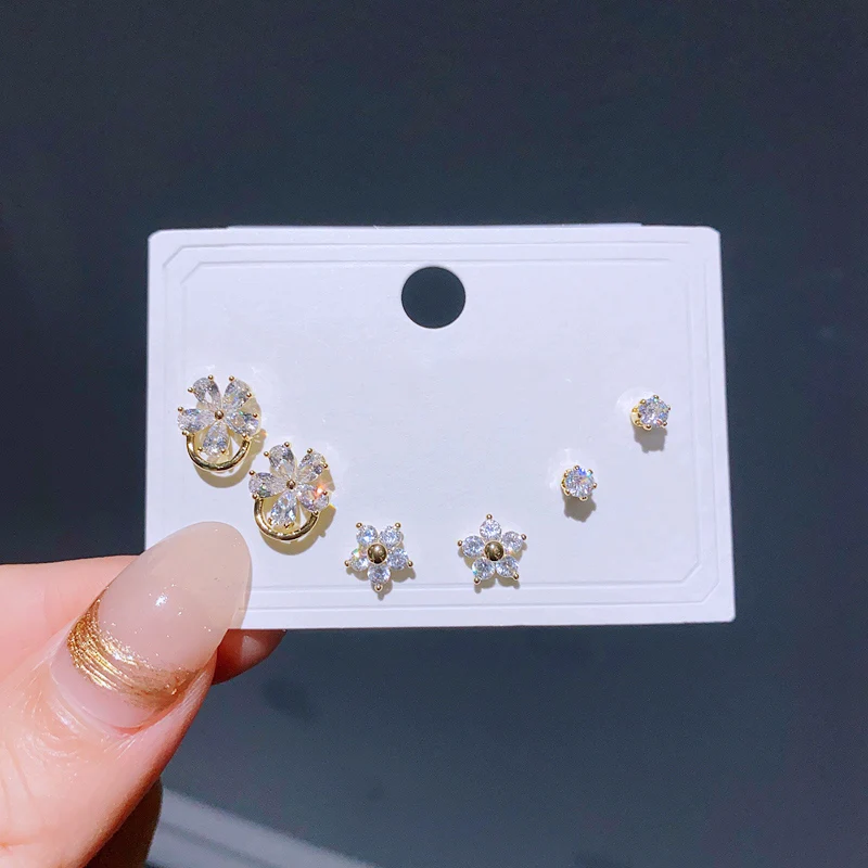 Pairs Trend Cubic 3 Zirconia Stud Earrings Set Gold Color Bowknot Heart Flower Women Party Jewelry smile