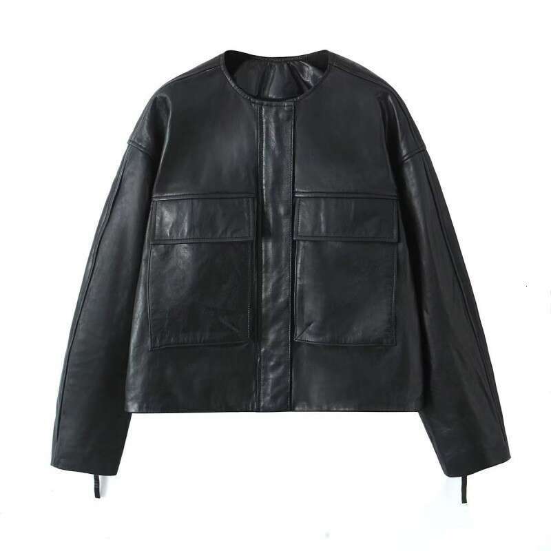 shanshi leather jacket women Autumn New Women's Fashion Round Neck Leather Pocket Jacket Coat