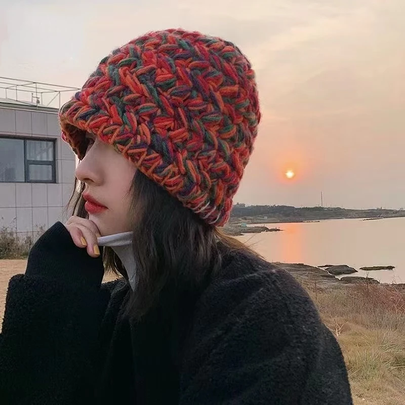 Hand 2022 New Korean-Japanese Buckle Crochet Bucket Hat Spring and Autumn Winter Sun Hat Female Cherry Designer Bob Basin Hat smile