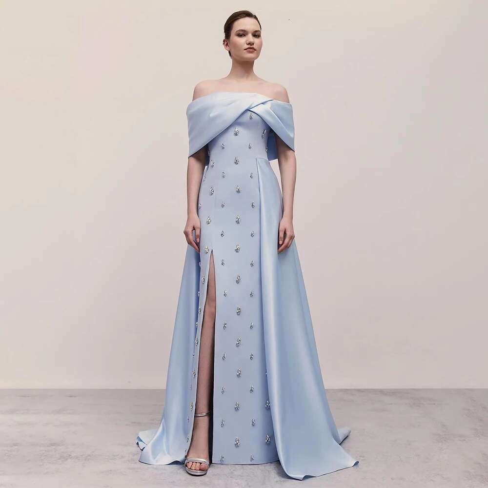 Blue Serene Hill Satin Simple High Split Mermaid Boat Neck Beaded Evening Dresses Gowns For Women Party LA Customized