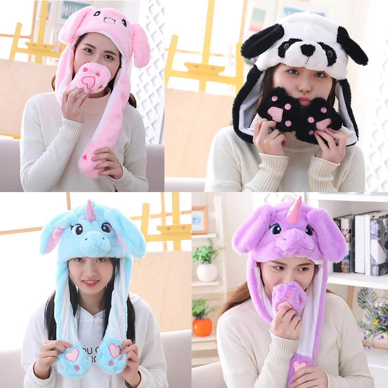 Girls Plush Moving Rabbit Ears Hat Cartoon Stich Funny Cap Kids Party Unicorn Airbag Anime Hats Women Move Jumping Ear Hats 240403