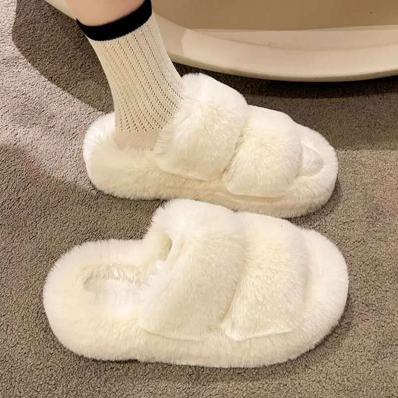 Winter Fluffy 2025 New House Home Fur Slippers For Women Flat Platform Cozy Fuzzy Indoor Shoes Korean Slides