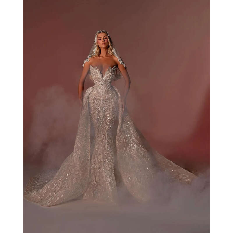 Crystal Mermaid Gorgeous Wedding Dresses Detachable Train Illusion Beaded Sequins Bridal Gowns Slim Strapless Custom Made Vestidos De Novia 0218