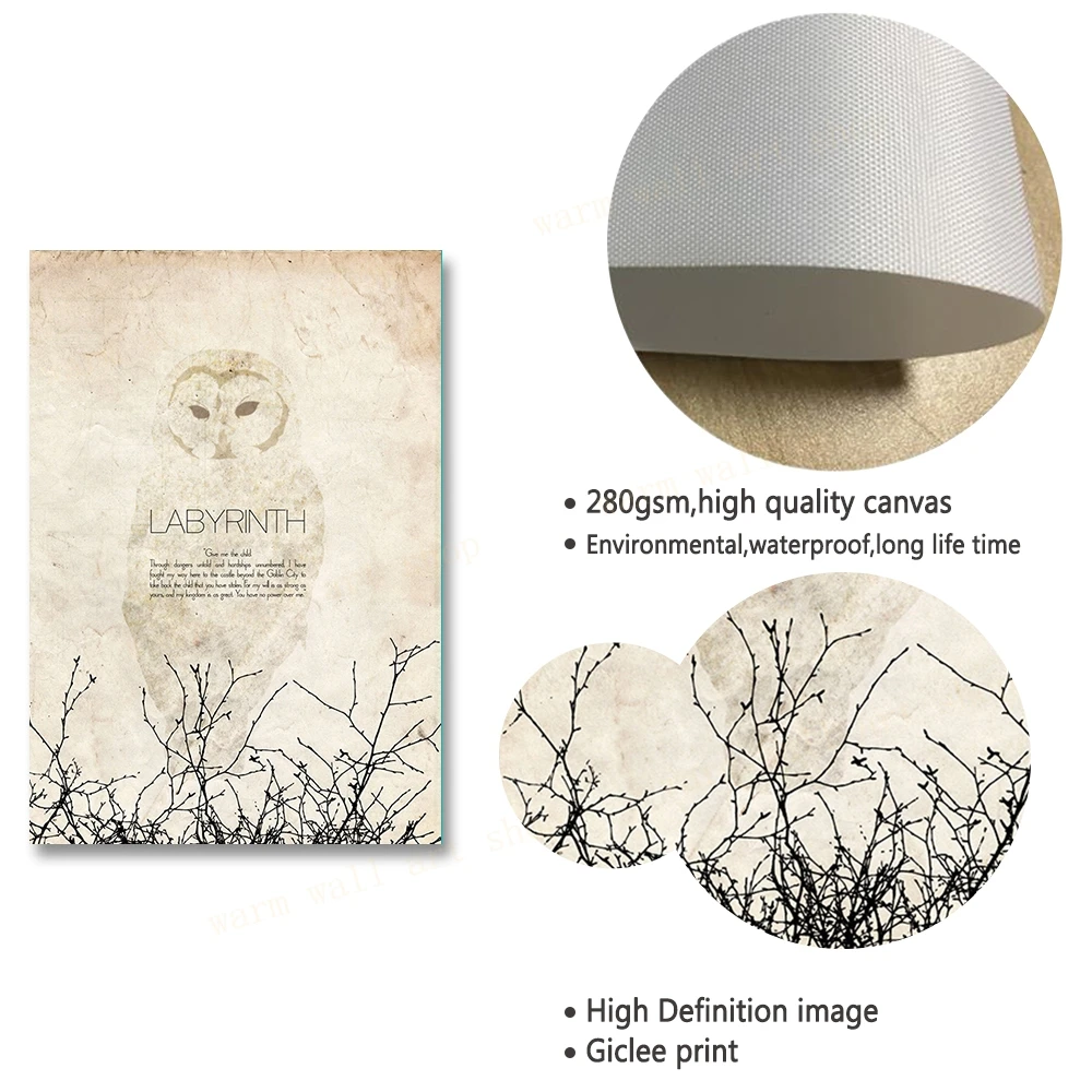 Movie Fantasy Labyrinth Cult Poster Goblin King Classic Quote Snowy Owl and Thorns Silhouette Print Canvas Painting Nordic Decor smile