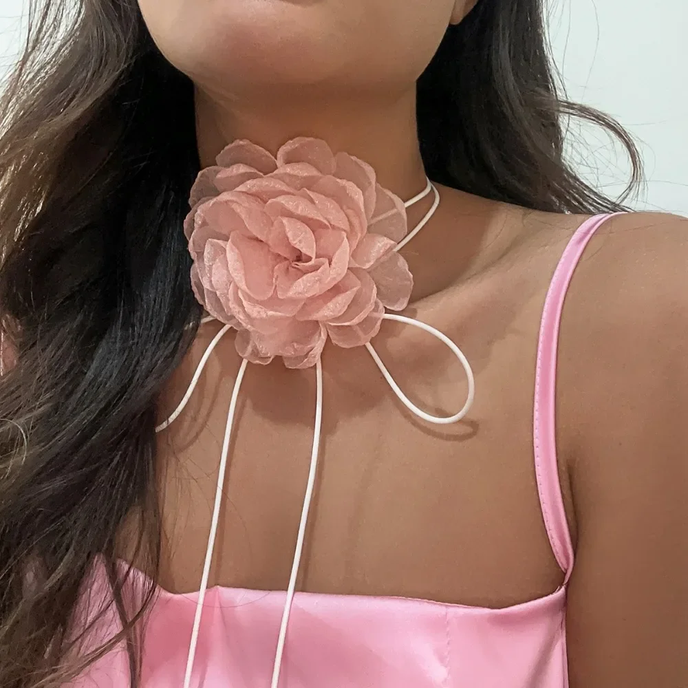 Rope Choker Black Necklace With Large Flower Women Jewelry Collar On Neck Wax Line Elegant Ladies Y2K Accessories 2023 smile