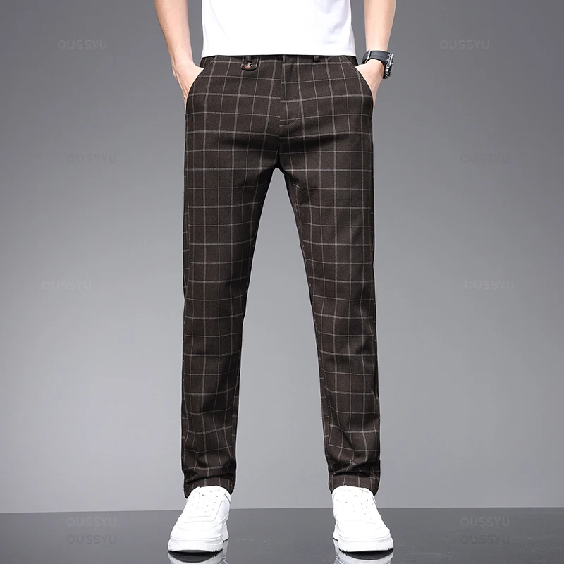 High-Quality Summer Spring Classics Plaid Work Stretch Pants Men Business Fashion Grey Green Party Retro Casual Trousers Male smile