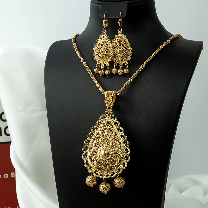 Hollow Algerian Flower Women's Design Metal Earrings Necklace Jewelry Set Arab ddmysmile Women's Wedding Smile