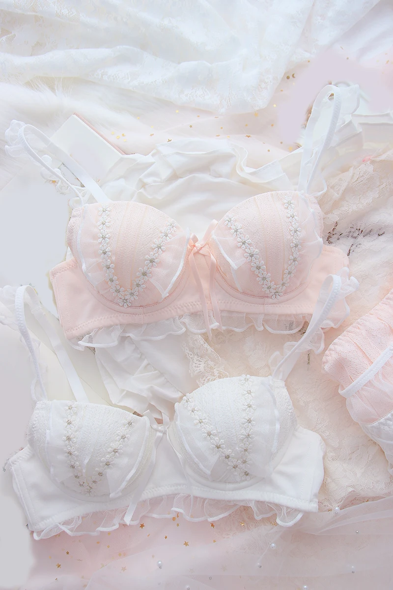 White 1set Japanese Pink/ Style Flower Pattern Girls Sweet Underwear Student Kawaii Bra Underpant Suit Girl Gift smile Pink/