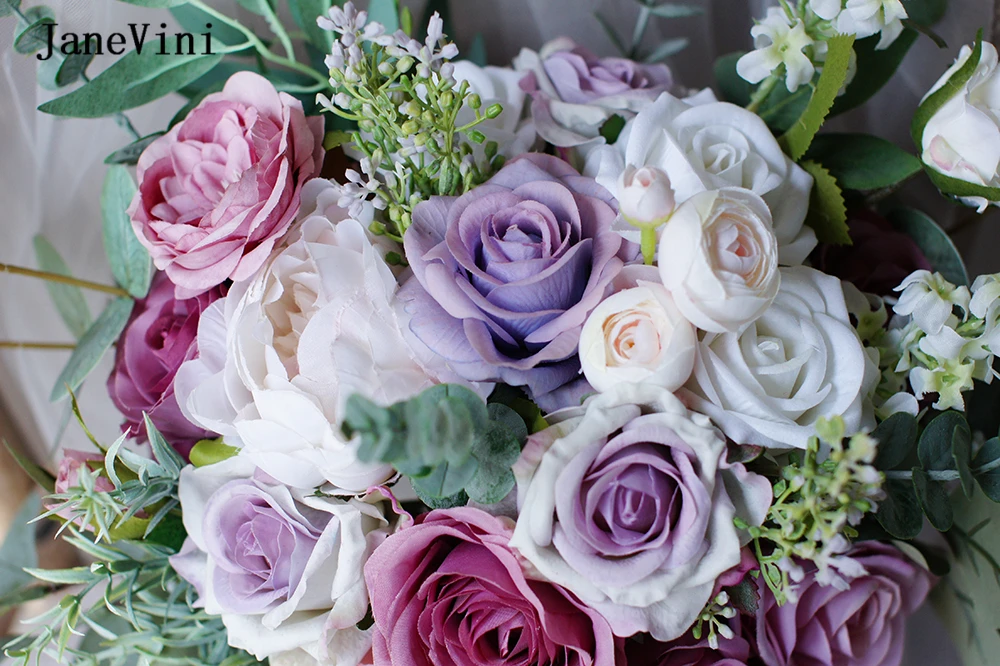 Eucalyptus JaneVini Roses Romantic Pink Purple Artificial Flowers Bouquet for Bride Europe Style Wedding Bouquets Buque De Noiva smile