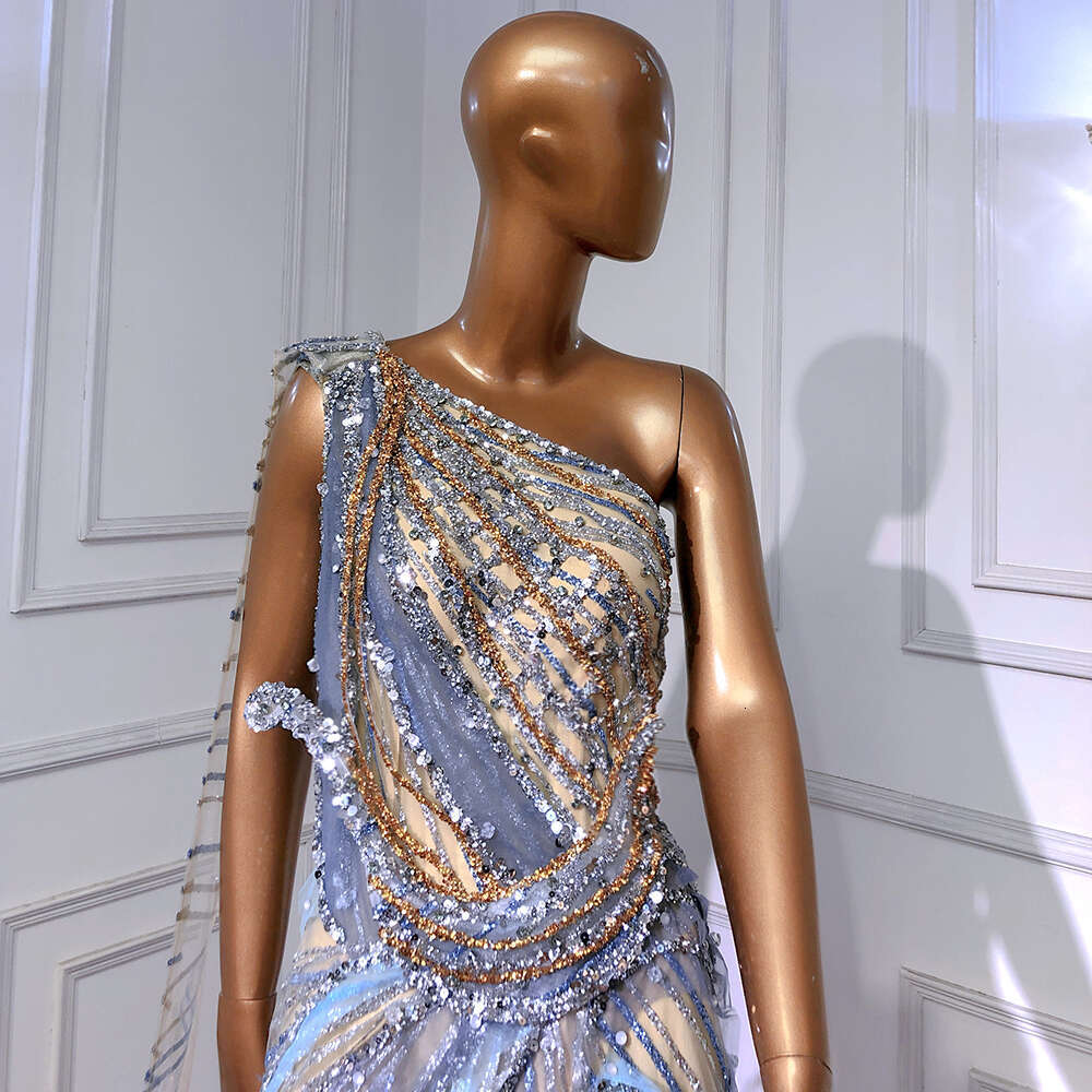 Blue Customized Sliver High Split Evening Dresses Gowns Beaded Mermaid Elegant For Women Party Couture LA