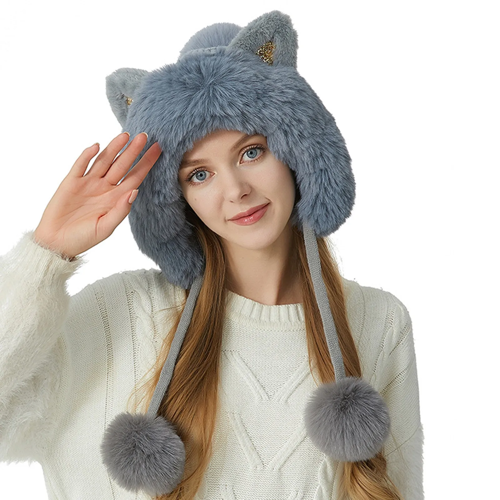 Thicken Elegant Girls Ski Snow Cap Cat Ear Cute Pompoms Winter Women Beanie Hats Female Skullies Warm Knit Hat Soft Outdoor Cap smile